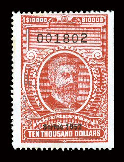 R619, $10,000.00 Carmine, Series 1952, bright fresh color, relatively light cut cancel, fine.