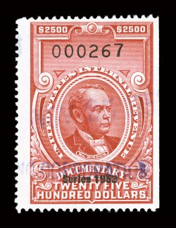 R651, $2,500.00 Carmine, Series 1953, scarce uncut example, lovely bright color, light violet handstamp cancel, very fine.