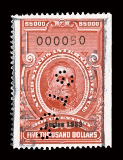 R652, $5,000.00 Carmine, Series 1953, used, cancelled by small neat perforated initials as well as rectangular bank handstamp, exceptionally well centered and margined, rich
color, extremely fine a handsome example of this very scarce stamp.