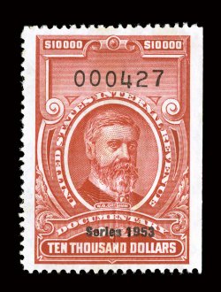 R653, $10,000.00 Carmine, Series 1953, attractive centering, deep color, cut cancel, very fine a scarce high value.