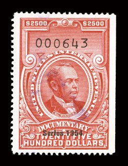 R685, $2,500.00 Carmine, Series 1954, gem uncut single, extraordinarily centered within wide margins, rich luxuriant color, light violet handstamp cancel, extremely
fine.