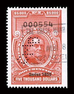 R704, $5,000.00 Carmine, Series 1956, used, with small neat perfin cancel and bank handstamp, well centered within exceptionally wide margins, deep color, very
fine.