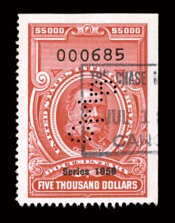 R722, $5,000.00 Carmine, Series 1958, used, with small perfin and bank handstamp cancels, well centered within large margins, rich color, very fine a highly collectable
example of one of the key Red Documentaries.