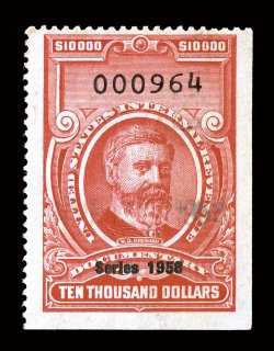 R723, $10,000.00 Carmine, Series 1958, used, with light cut cancel and a small handstamp, strong color, faint trace of edge staining, otherwise fine.