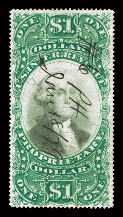 RB9a, $1.00 Green and black on violet paper, used, strong rich colors and crisp detailed impressions, nicely centered, 1879 ms. cancel, the only imperfection is a couple tiny
toned specks at bottom, a very fine example of this scarce revenue sta