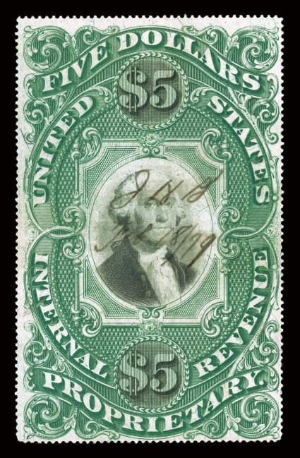 RB10a, $5.00 Green and black on violet paper, an impressive used example of this beautiful revenue rarity, nicely centered, colors are especially rich and intense, neat
central manuscript cancel, small faint internal crease and a tiny repair at