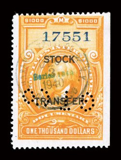 RD66, $1,000.00 Orange, handstamped Series 1940 in blue, brilliant color, neat perfin cancels as well as a light c.d.s. handstamp, a fine example of this stock transfer
rarity.