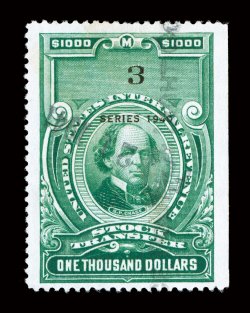 RD91, $1,000.00 Bright green, Series 1942, especially bright and fresh, with rich color on pristine white paper, well centered, light cut and handstamp cancels, very fine a
scarce high value.