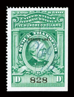 RD115, $500.00 Bright green, Series 1941, an exceptionally handsome used example of this truly rare value, with manuscript and cut cancels (plus a pair of light staple holes),
extravagantly large and symmetrical margins, bright color, extremely