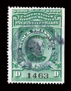 RD138, $500.00 Bright green, Series 1942, an exceptional used example of this immense stock transfer stamp rarity, with strong bright color, exceedingly well centered, light
violet handstamp as well as possessing an unusually light and unobtrusi