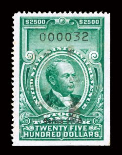 RD336, $2,500.00 Bright green, Series 1950, exceptionally well centered, bright fresh color, light handstamp and cut cancels, tiny surface scuff, extremely fine
appearance.