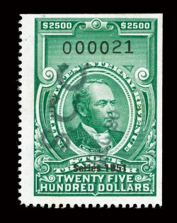 RD362, $2,500.00 Bright green, Series 1951, rich bright color, handstamp and light cut cancels, some light staining confined to the reverse only, the front is pristine, very
fine.
