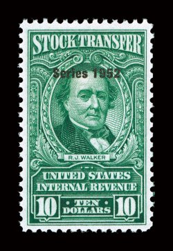 RD371, $10.00 Bright green, Series 1952, impressive mint single of this elusive revenue that is quite well centered, deeply rich color, o.g., never hinged, very fine only 79
issued.