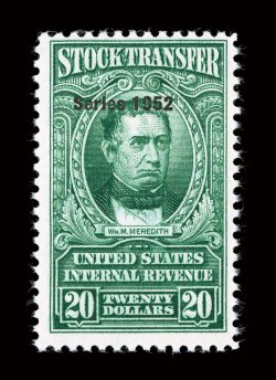 RD372, $20.00 Bright green, Series 1952, pristine mint single of this rare high value, with deep prooflike color and impression on fresh white paper, o.g., n.h., fine only 113
issued 1984 PF certificate.