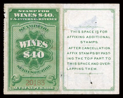 RE107B, $40.00 Yellow green, an immensely rare used single, being one of about fifteen recorded copies, full tab at right, light handstamp cancel, several faults, nonetheless
a presentable and highly collectable example of a revenue stamp that i