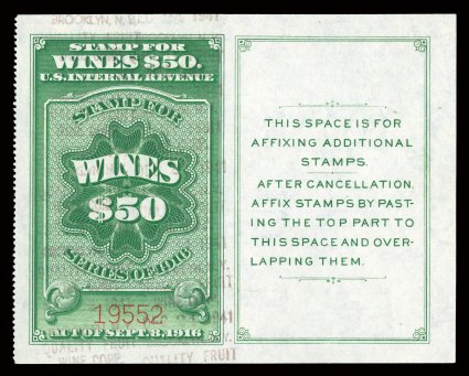 RE107C, $50.00 Yellow green, a remarkable quality used example of one of the scarcest and most difficult of all Wine stamp issues, being in a condition which is clearly among
the finest, if not the finest known, without any of the myriad of