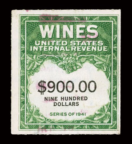 RE168, $900.00 Yellow green and black, an incredibly rare used example of a stamp that is missing from virtually all revenue collections, with a lightly struck purple
handstamp, quite well centered, and with rich colors, there is some light soil