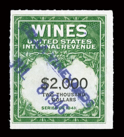 RE170, $2,000.00 Yellow green and black, a select used example of this very rare stamp, being wonderfully fresh, with rich colors on bright paper, neat violet handstamp cancel
dated 1946, rather well centered, there are a couple of typical stapl