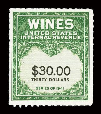 RE182, $30.00 Yellow green and black, without gum as issued, exceptionally bright and fresh, well centered, just a faint trace of tiny crease at right of no importance, a very
fine example of this elusive wine stamp.