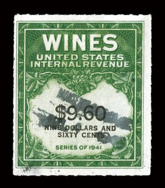 RE204, $9.60 Yellow green and black, an especially desirable used example of this important wine stamp rarity, being quite nicely centered, with rich fresh color, handstamped
cancel, some cancellation soiling on reverse as often found, very fine