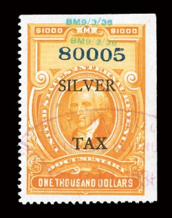 RG27, $1,000.00 Orange, with wide spacing Silver Tax overprint, handsome used example of this scarce stamp, brilliantly fresh, radiant color, extraordinarily well centered,
light violet oval handstamp cancel, trivial natural inclusion, extreme
