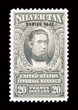 RG101, $20.00 Gray, Series 1942, especially well centered, rich color, o.g., lightly hinged, shallow thin, extremely fine appearance.