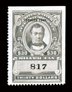 RG102, $30.00 Gray, Series 1942, without gum as issued, choice appearing unused example of this tremendously scarce value, fresh color, nicely centered, small tear at upper
left, very fine appearance only a small number of this stamp is recorde