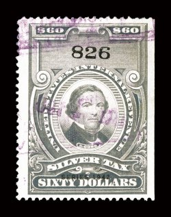 RG104, $60.00 Gray, Series 1942, a very scarce uncut used example, well centered, violet oval handstamped cancels, small tear at top not detracting from its very fine
appearance it is believed less than twenty used copies are recorded ex