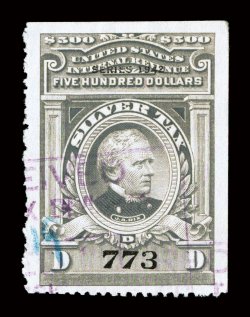RG106, $500.00 Gray, Series 1942, an impressive used example of this immensely rare Silver Tax stamp, being an uncut copy, with light violet boxed handstamp and a small blue
crayon cancel, well centered, exceedingly bright and fresh, certificate