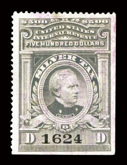 RG131, $500.00 Gray, uncut used single, with light violet boxed handstamp, rich color, very fine.