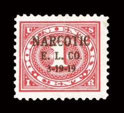 RJA26, 1c Carmine rose, with NarcoticE.L. Co.3-19-19 overprint, a handsome example of this exceedingly rare stamp which was overprinted by Eli Lilly Co. for their own use,
strong color, better centering than typically found, certificate ment