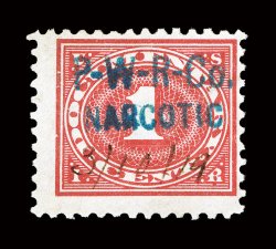 RJA28, 1c Carmine with P-W-R-Co.NARCOTIC handstamp in blue, used, with neat 31019 ms. cancel, faint and trivial diagonal bend, fine and quite scarce.
