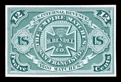 RO27TC1, B. Bendel & Co., 12c Green, die proof on India, large even margins, deep green color, small thins which do not detract from its very fine
appearance.
