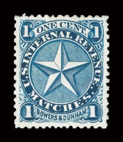 RO40d, Bowers & Dunham, 1c Blue, watermarked, exceedingly well centered within large balanced margins, deeply rich color, small thin spot, otherwise very
fine.