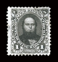 RO43a, Brown & Durling, 1c Black, rich color, a few thins and perf. repairs which do not detract from the overall very fine appearance virtually all known surviving examples
of this rare stamp are faulty to some degree.