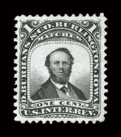 RO46a, D. Burhans & Co., 1c Black, old paper, exceptionally well centered within large margins, rich color and strong impression, very fine and choice 2006 PF
certificate.