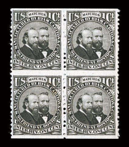 RO49di, Byam, Carlton & Co., 1c Black, watermarked, imperforate horizontally, block of four, an unusually well centered example of this terribly underrated and undercataloged
variety, crisp color and impression, very fine.