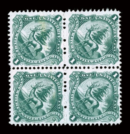 RO57c, Cannon Match Co., 1c Green, pink paper, block of four, excellent centering, rich fresh color, light crease in bottom two stamps, otherwise very fine.
