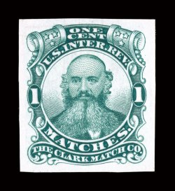 RO64TC1, The Clark Match Co., 1c Green, trial color die proof on India, bright and fresh, very fine.
