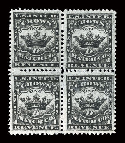 RO67b, Crown Match Co., 1c Black, silk paper, mint block of four, well centered with strong color and impression, original gum, very fine.