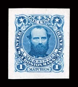 RO133TC1, A. Messinger, 1c Blue, trail color die proof on India, mounted on thin white card, huge margins, highly detailed impression, card thins, extremely
fine.