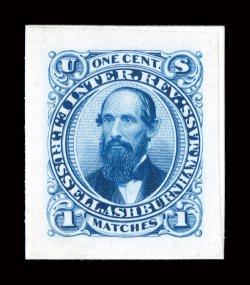 RO163TC1, Russell, E. T., 1c Blue, trial color die proof on India, mounted on thin white card, large full margins, beautiful blue color and a detailed impression, card thins,
extremely fine.