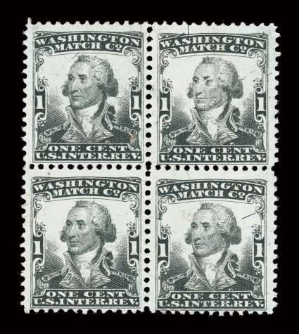 RO181b, Washington Match Co., 1c Black, silk paper, block of four, rich color, nearly very fine.