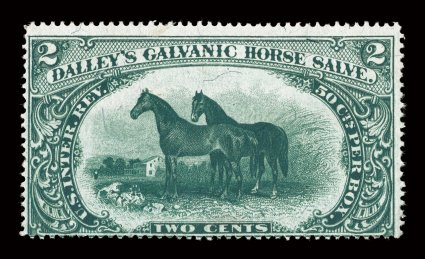 RS73b. Dalleys Galvanic Horse Salve, 2c Green, silk paper, intensely rich color, strong impression, fine.