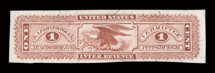 RS84b, Fahnestock, B. A., 1c lake, silk paper, large to huge margins, rich color, very fine.