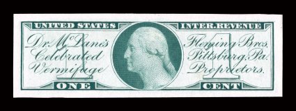 RS88TC1, Fleming Bros. Vermifuge, 1c Green, trial color die proof on India, large balanced margins, bright color and clean impression, small thins, very fine
appearance.