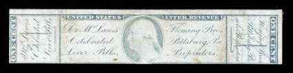 RS90u, Fleming Bros. Liver Pills, 1c Ultra, old paper, single, two large margins, small tear at upper right, light vertical crease, fine appearance a presentable example of
this seldom seen stamp, ex-Joyce.