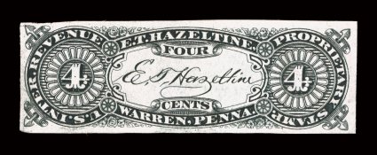 RS103ia, Hazeltine, E. T., 4c Black, old paper, imperforate, single of this scarce variety, fresh color, very fine ex-Eagle.