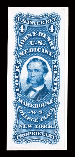 RS116TC1, Henry, John F., 4c Blue, trial color die proof on India, mounted on thin white card, large full size margins, gorgeous intense color and an incredibly sharp detailed
impression, usual thin spots affecting the card, extremely fine.