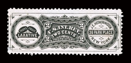 RS120d, Hetherington, J.E., 2c Black, watermarked, the most difficult value of this company, excellent impression on bright white paper, tiny thin spot, otherwise
fine.